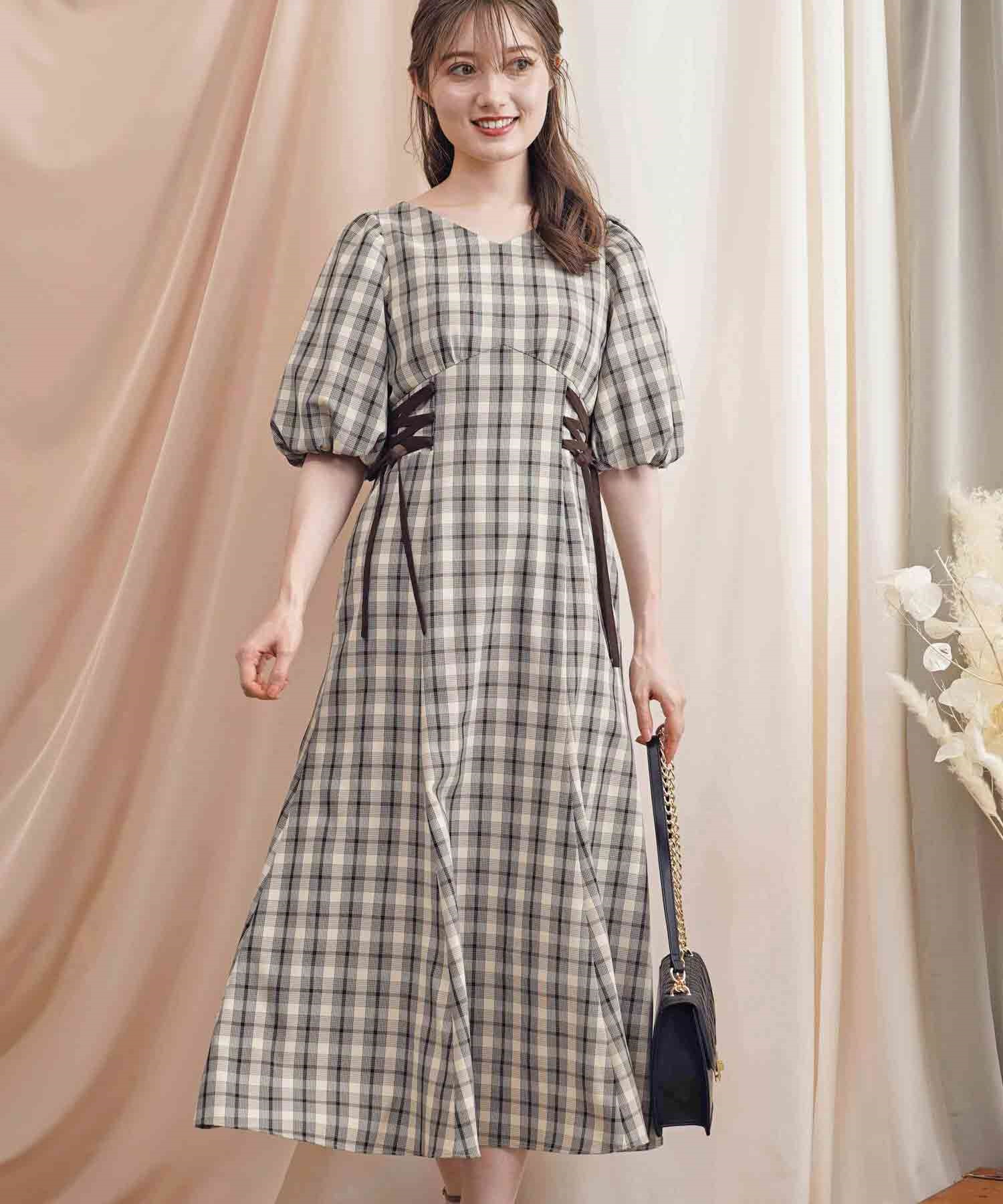 新品♡デザインスリーブチェックワンピースレディース