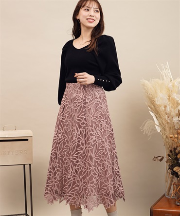 配色刺繍フラワースカート(32ピンク-Ｓ)