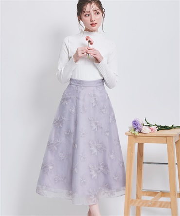 【予約】オーガンジー刺繍スカート(72サックス-Ｍ-2月下旬ごろのお届け)