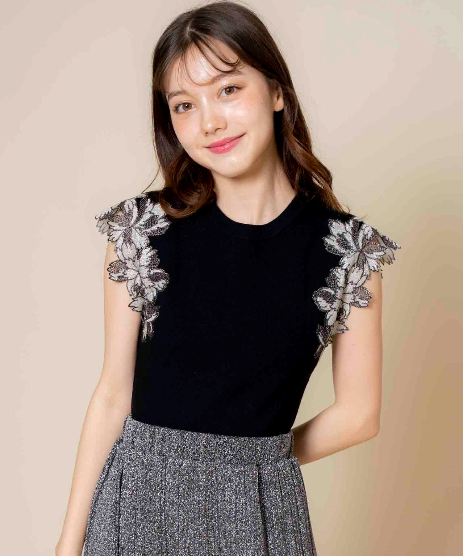 キラキラフラワーレースニット(00ブラック-フリー)