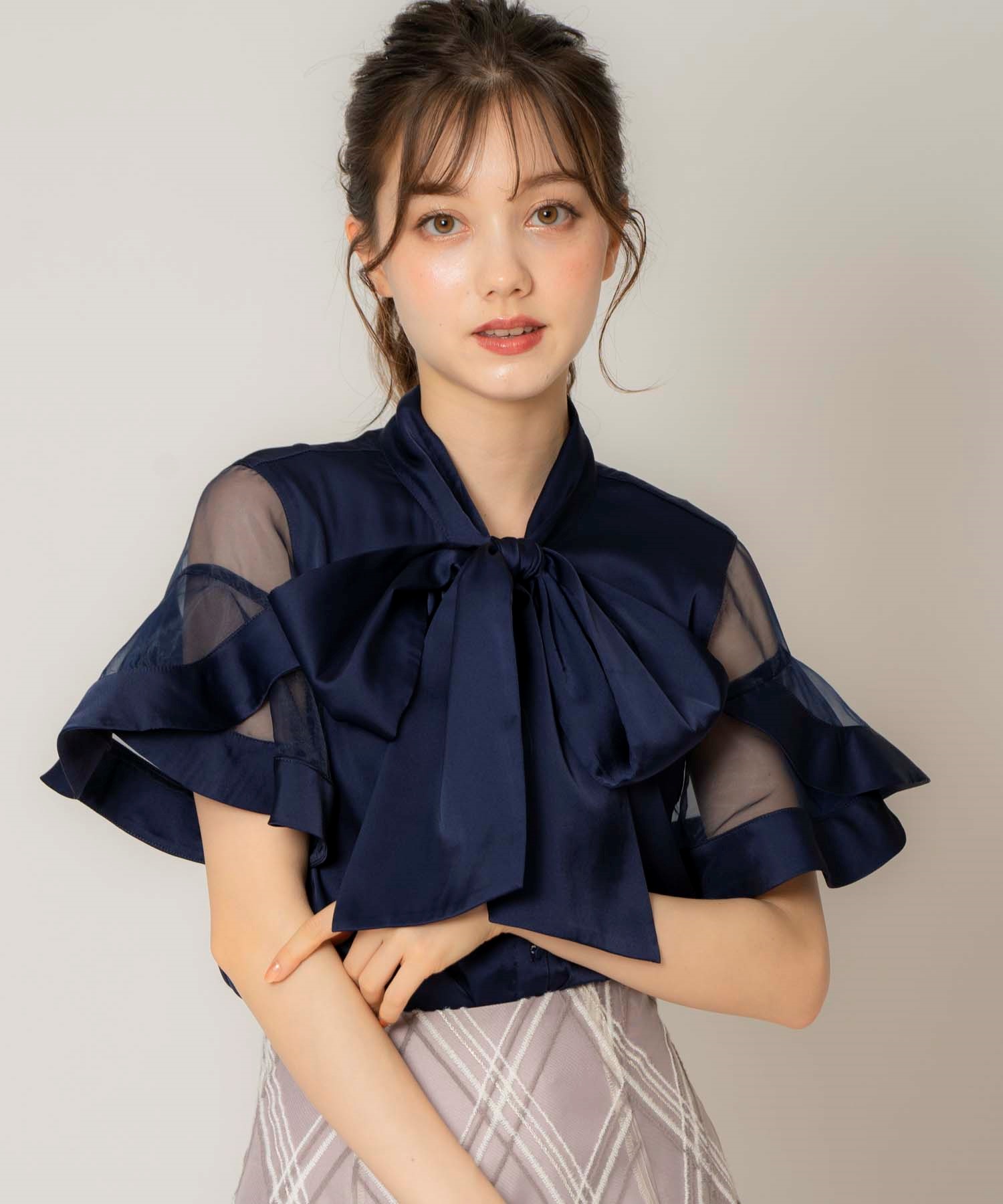 リボンブラウス(70ネイビー-フリー)