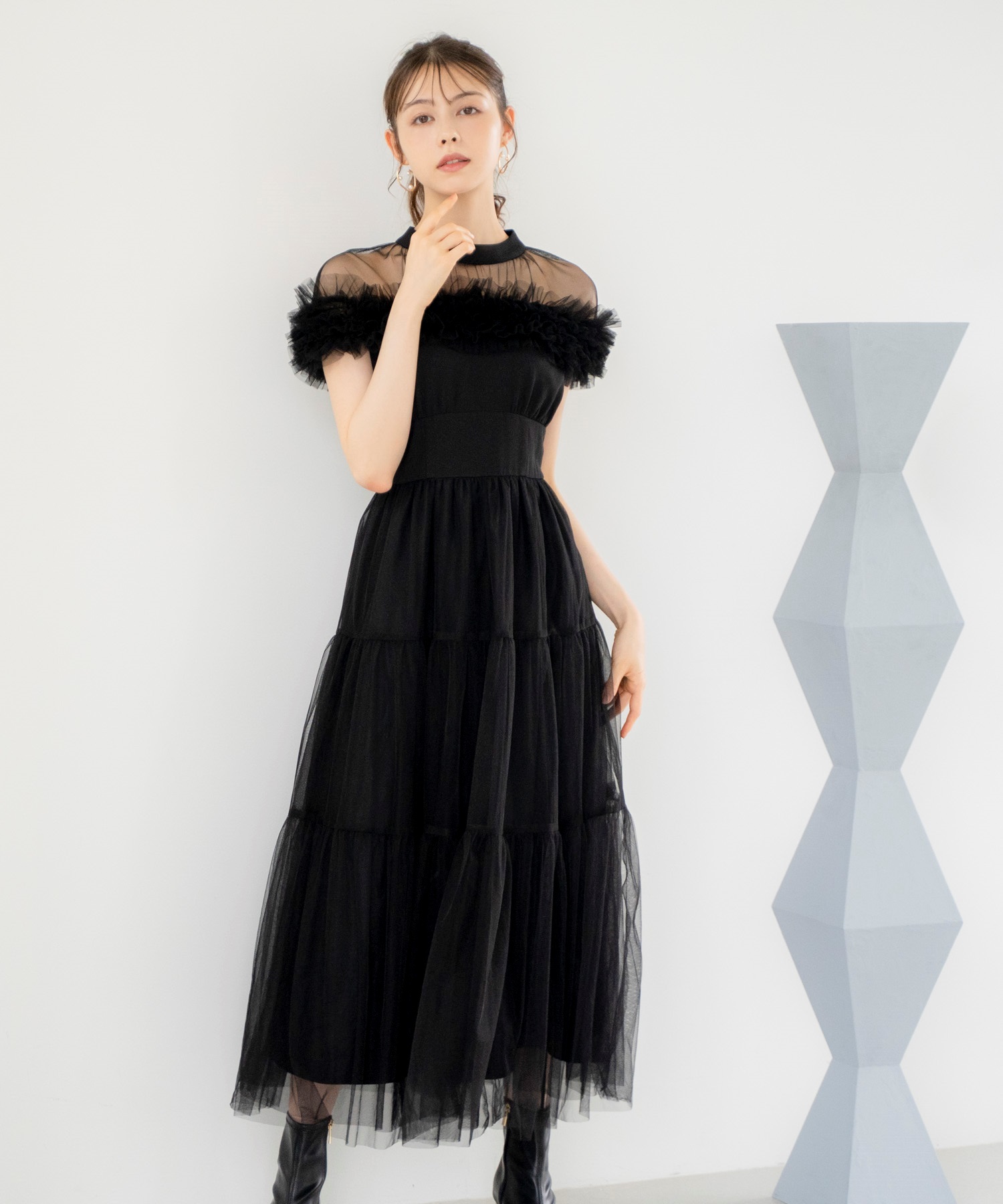 SSサイズあり】ケープチュールフリルドレス | ロングワンピース SSサイズあり】ケープチュールフリルドレス | ロングワンピース