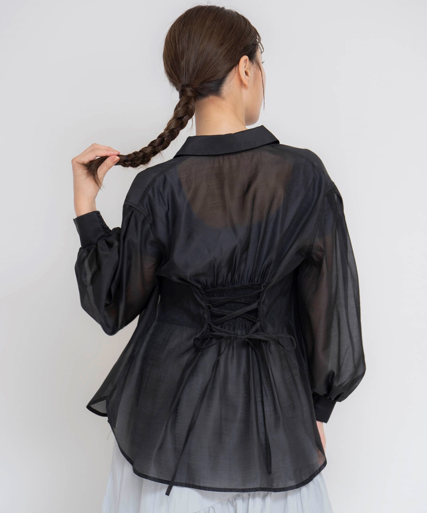 シアーバックレースアップシャツ(00ブラック-フリー)