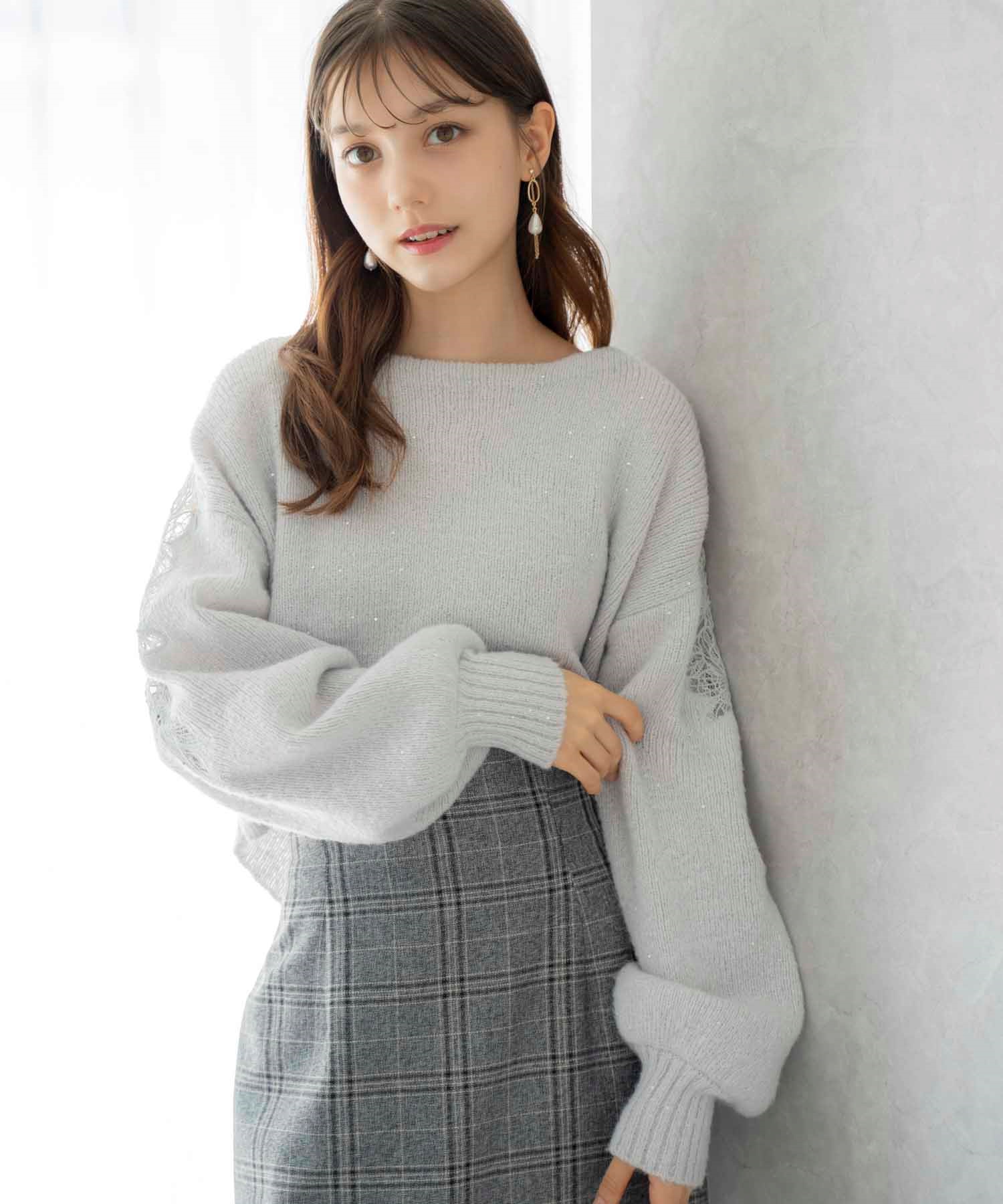 スパンコール刺繍ニット(12ライトグレー-フリー)