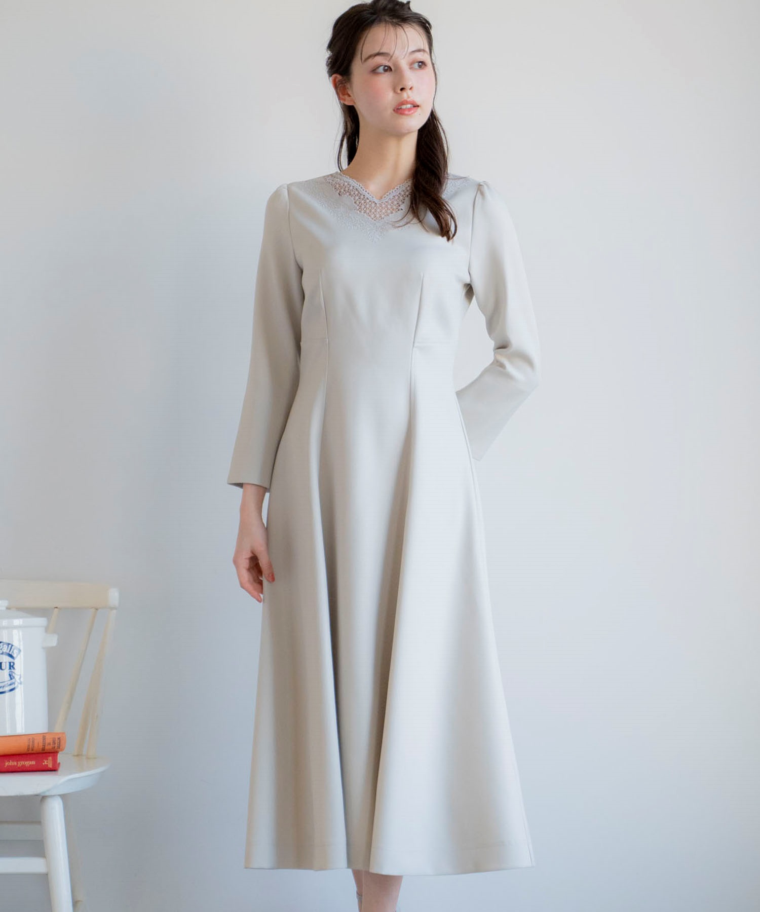 レースネックデザインワンピ(11グレー-Ｓ)