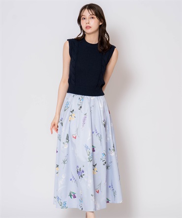 【予約】ボタニカルフレアスカート(72サックス-Ｍ-7月下旬ごろのお届け)