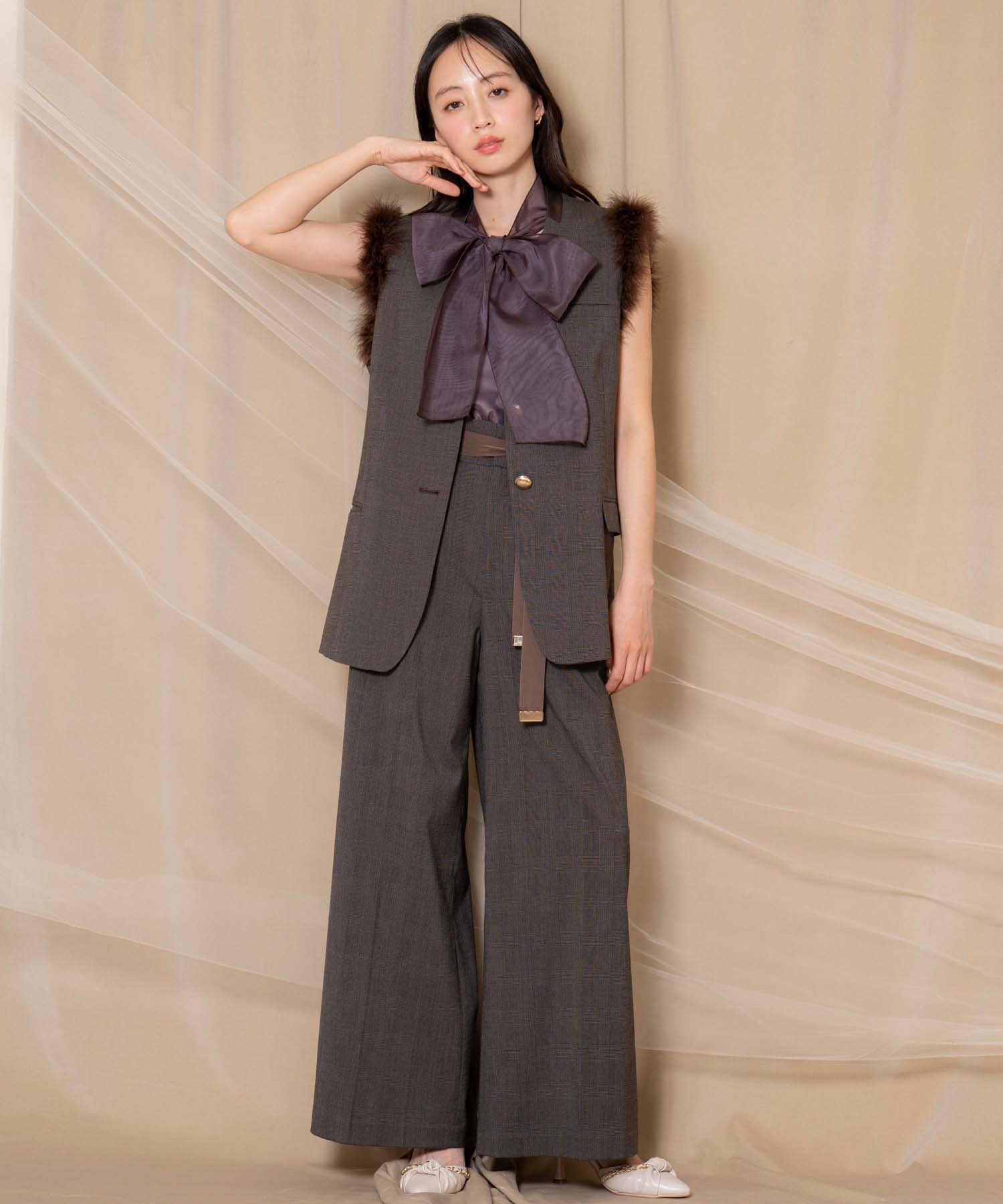 【予約】サテンリボンチェックワイドパンツ(81チャ-Ｓ-8月下旬ごろのお届け)