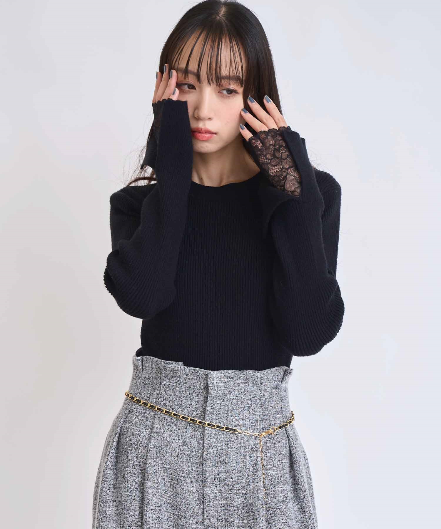 【予約】レーススリーブリブニット(00ブラック-フリー-11月中旬ごろのお届け)