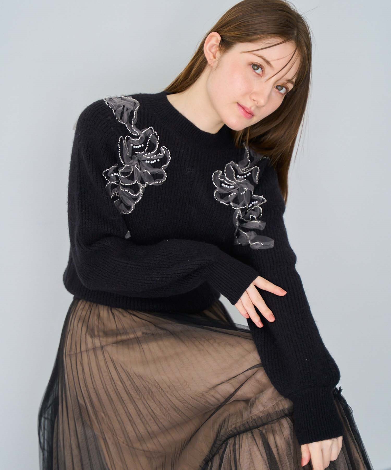 【予約】ビジュー刺繍ニット(00ブラック-フリー-11月下旬ごろのお届け)