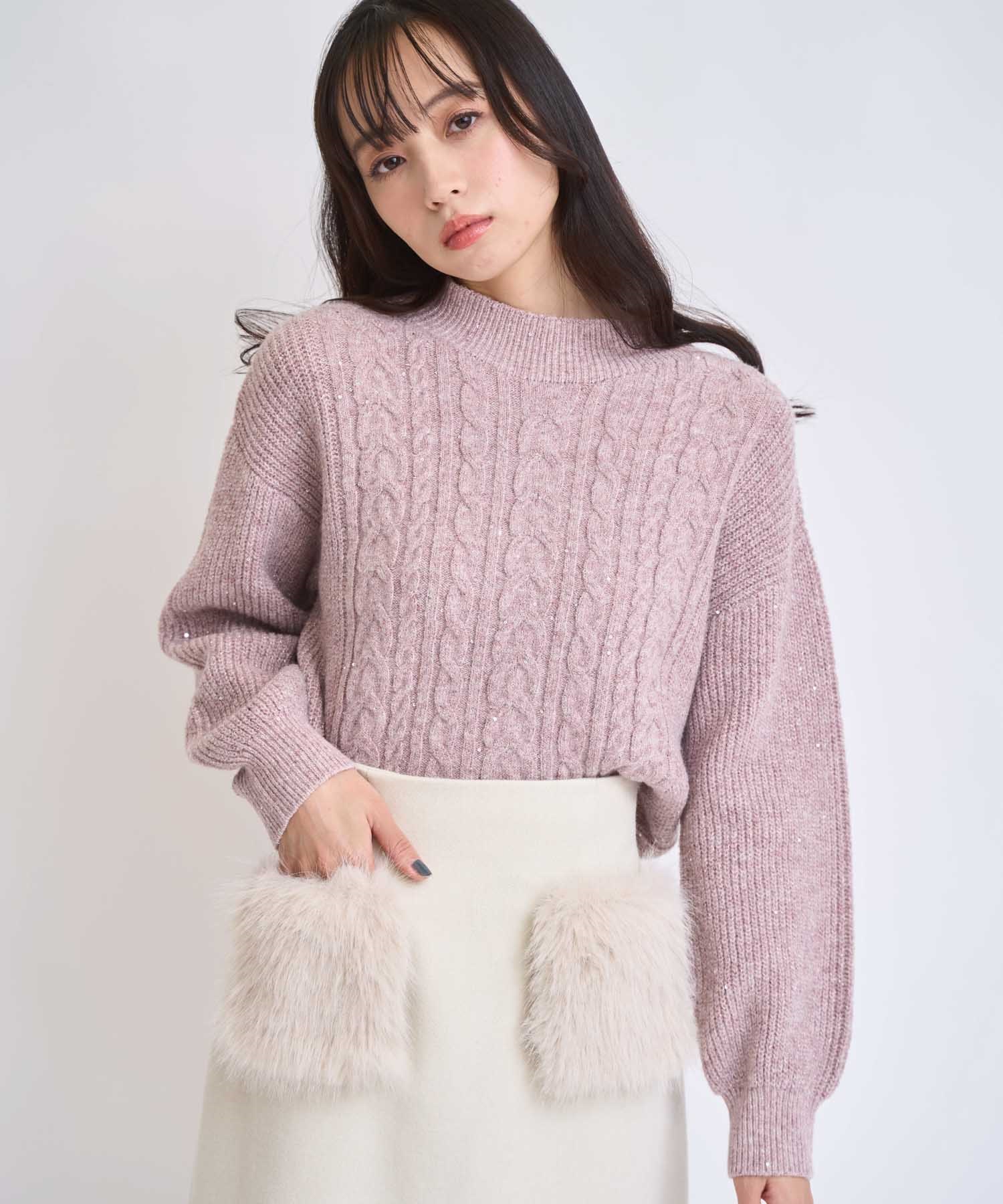 【予約】スパンコールラメケーブルニット