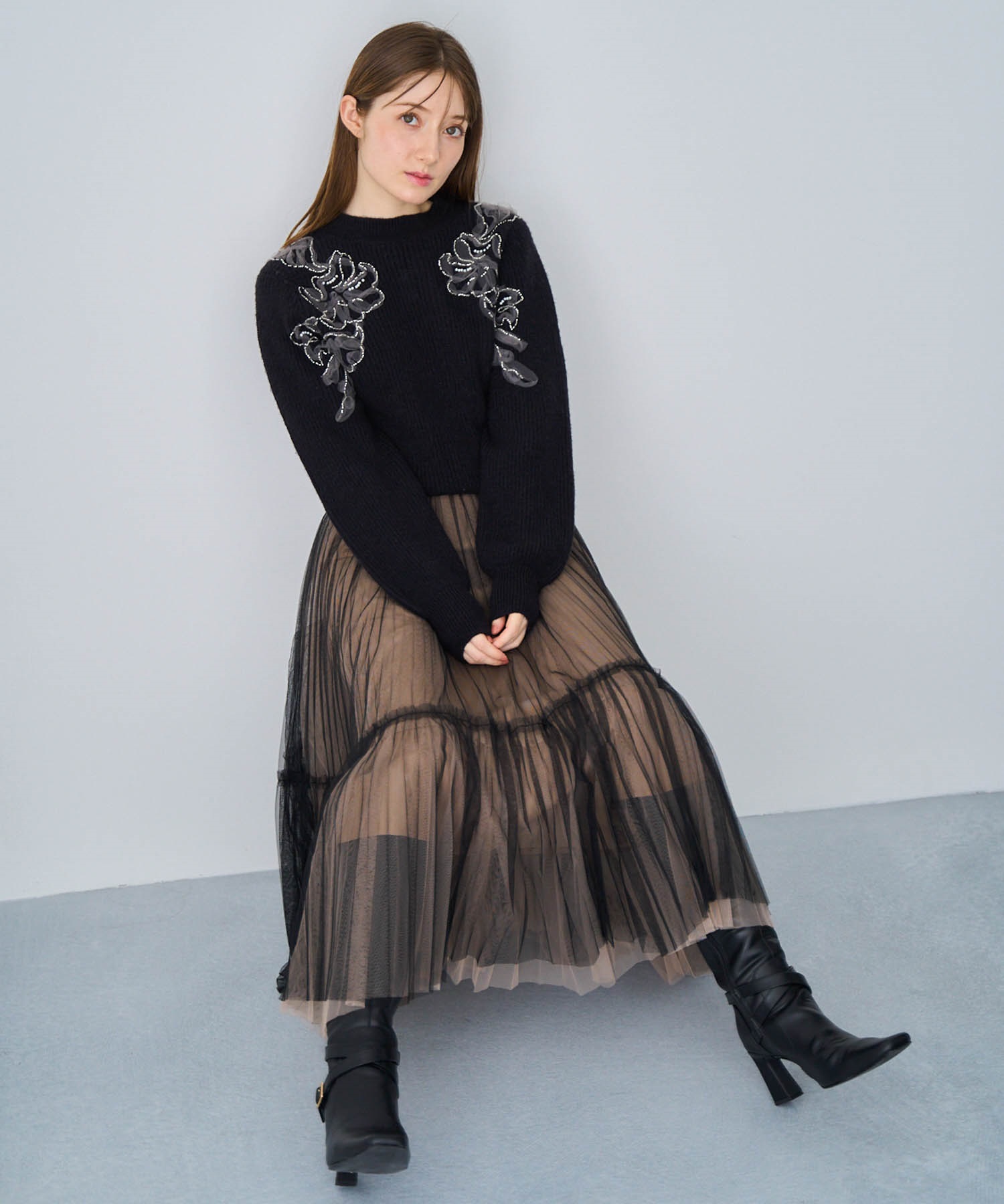 【予約】グラデイレヘムチュールスカート(00ブラック-フリー-11月下旬ごろのお届け)