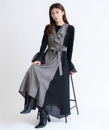 【予約】シフォン切り替えジャンスカ(11グレー-Ｍ-11月下旬ごろのお届け)