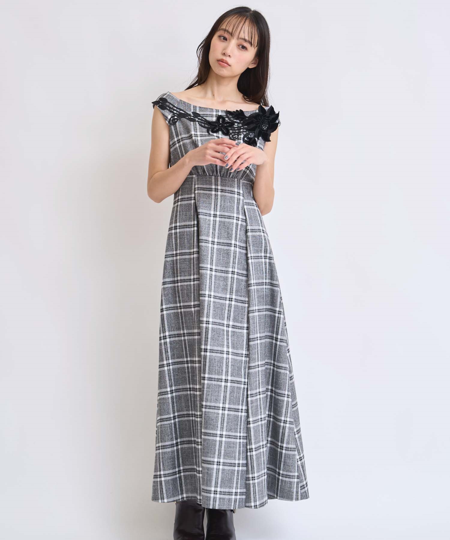 【予約】ベロアレースチェックワンピース(95ミックス２-Ｓ-11月下旬ごろのお届け)