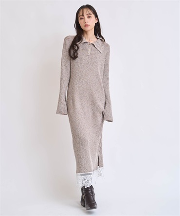 【予約】レーストリムポロニットワンピース(85モカ-フリー-11月下旬ごろのお届け)