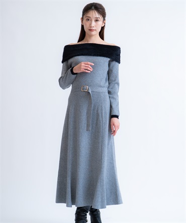 【予約】フェザートリム配色ドッキングワンピース(11グレー-フリー-【予約】12月中旬ごろのお届け)