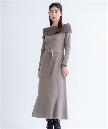 【予約】フェザートリム配色ドッキングワンピース(85モカ-フリー-【予約】12月中旬ごろのお届け)