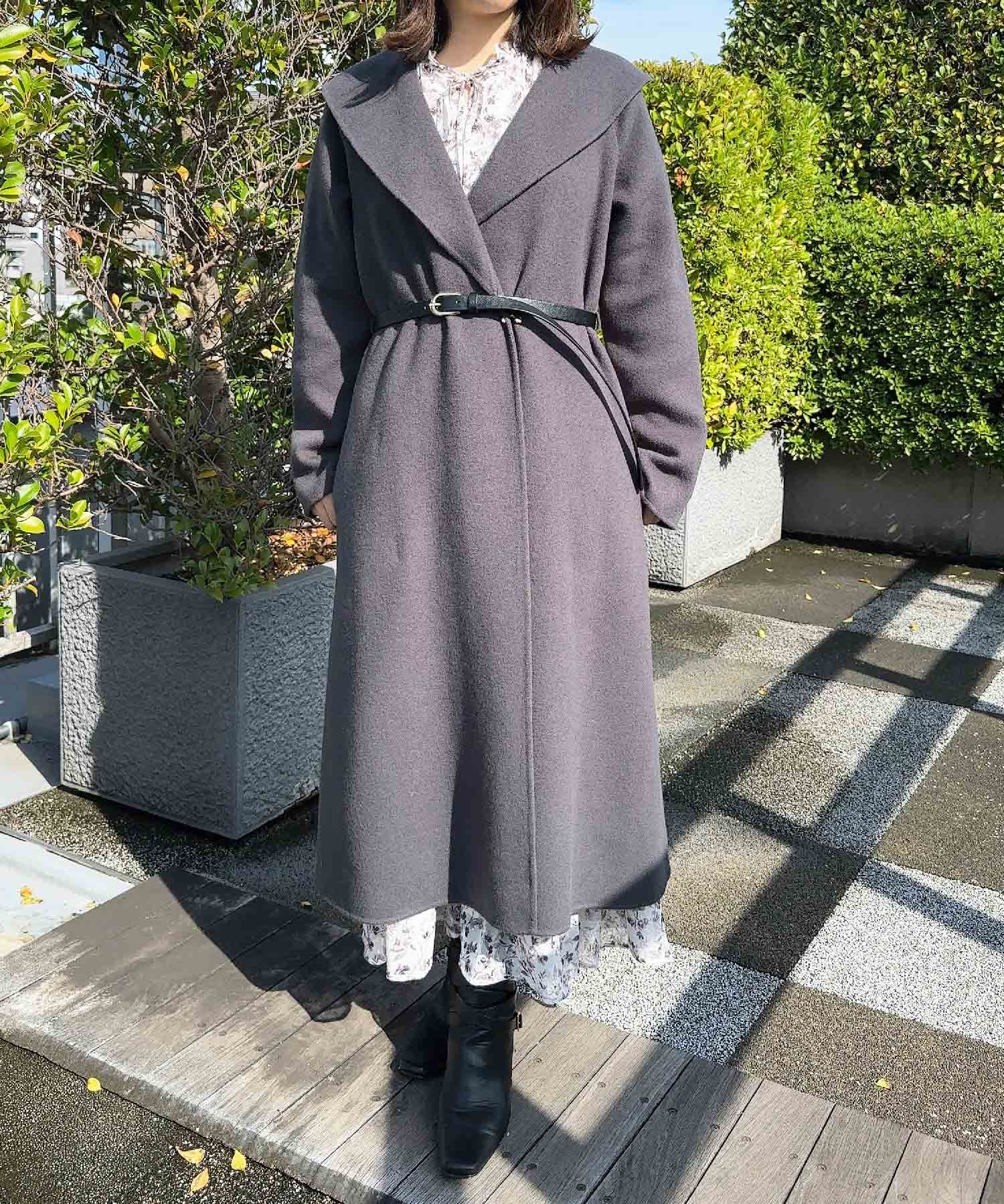 【予約】ベルト付きショールカラーウールリバーコート(10チャコールグレー-フリー-11月中旬ごろのお届け)
