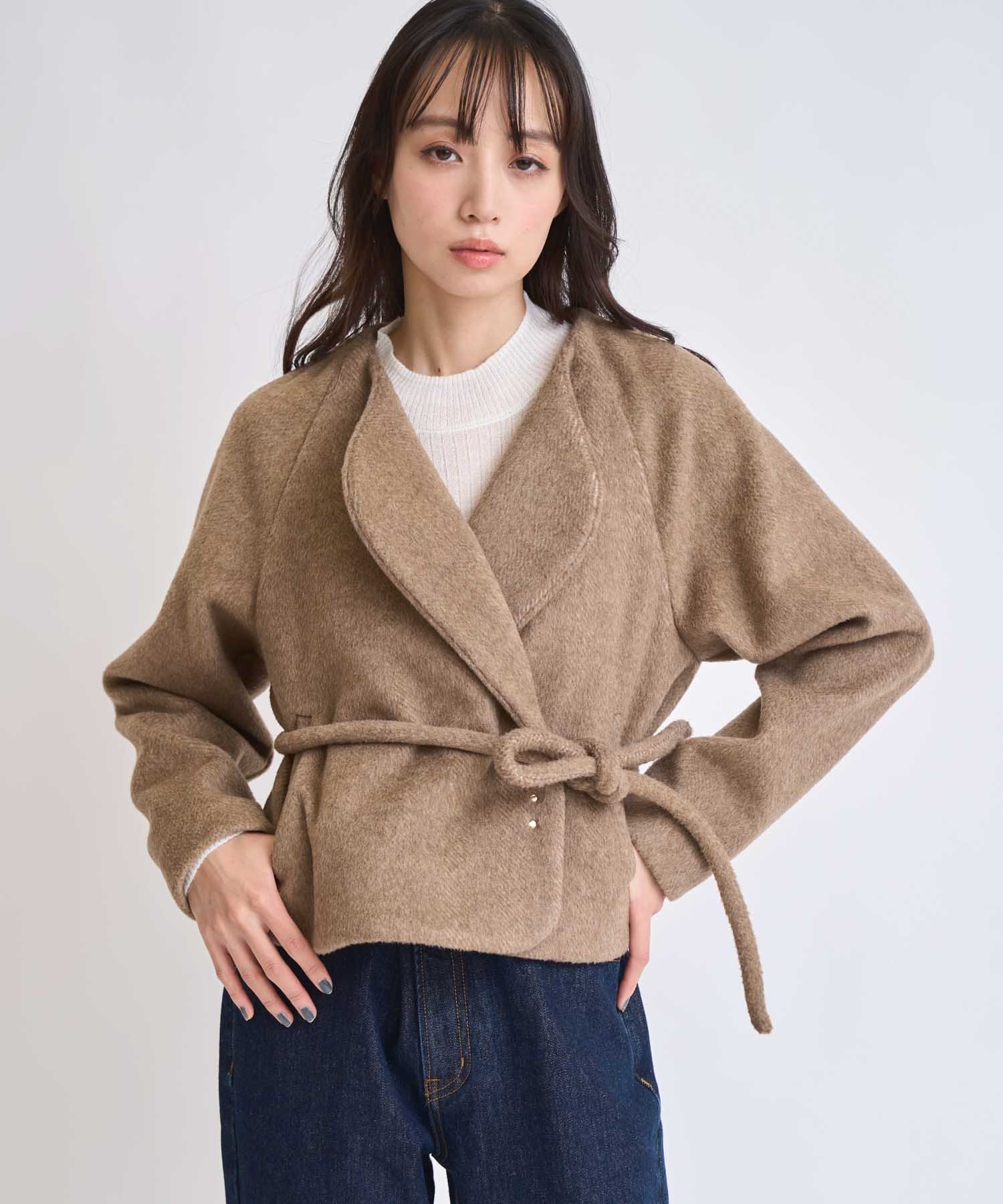 ロープベルトヘリンボーンショートコート(85モカ-Ｓ)