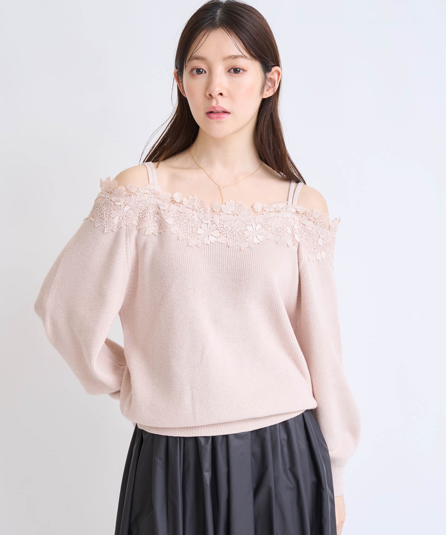 オフショルレーストリムニット(32ピンク-フリー)