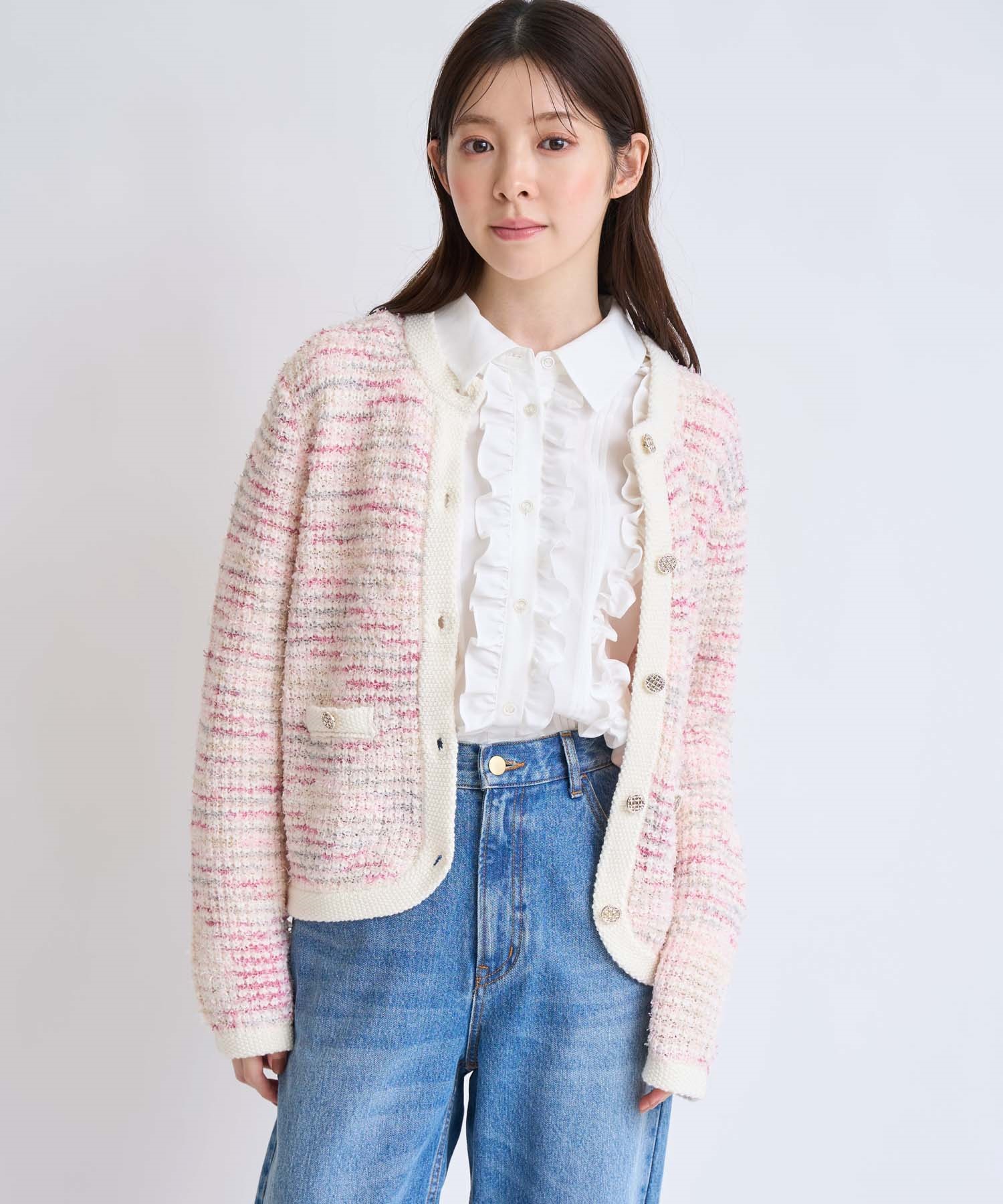 【予約】ツイードニットカーディガン(32ピンク-フリー-2月下旬ごろのお届け)