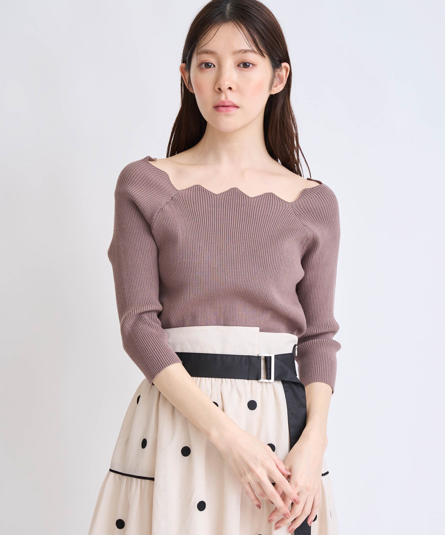 【予約】スカラネックデザインニット(85モカ-フリー-2月下旬ごろのお届け)