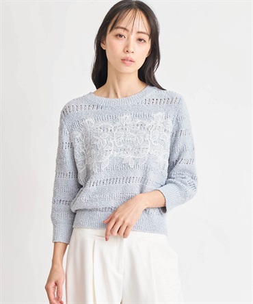 【予約】レース透かし編みニット(72サックス-フリー-3月下旬ごろのお届け)