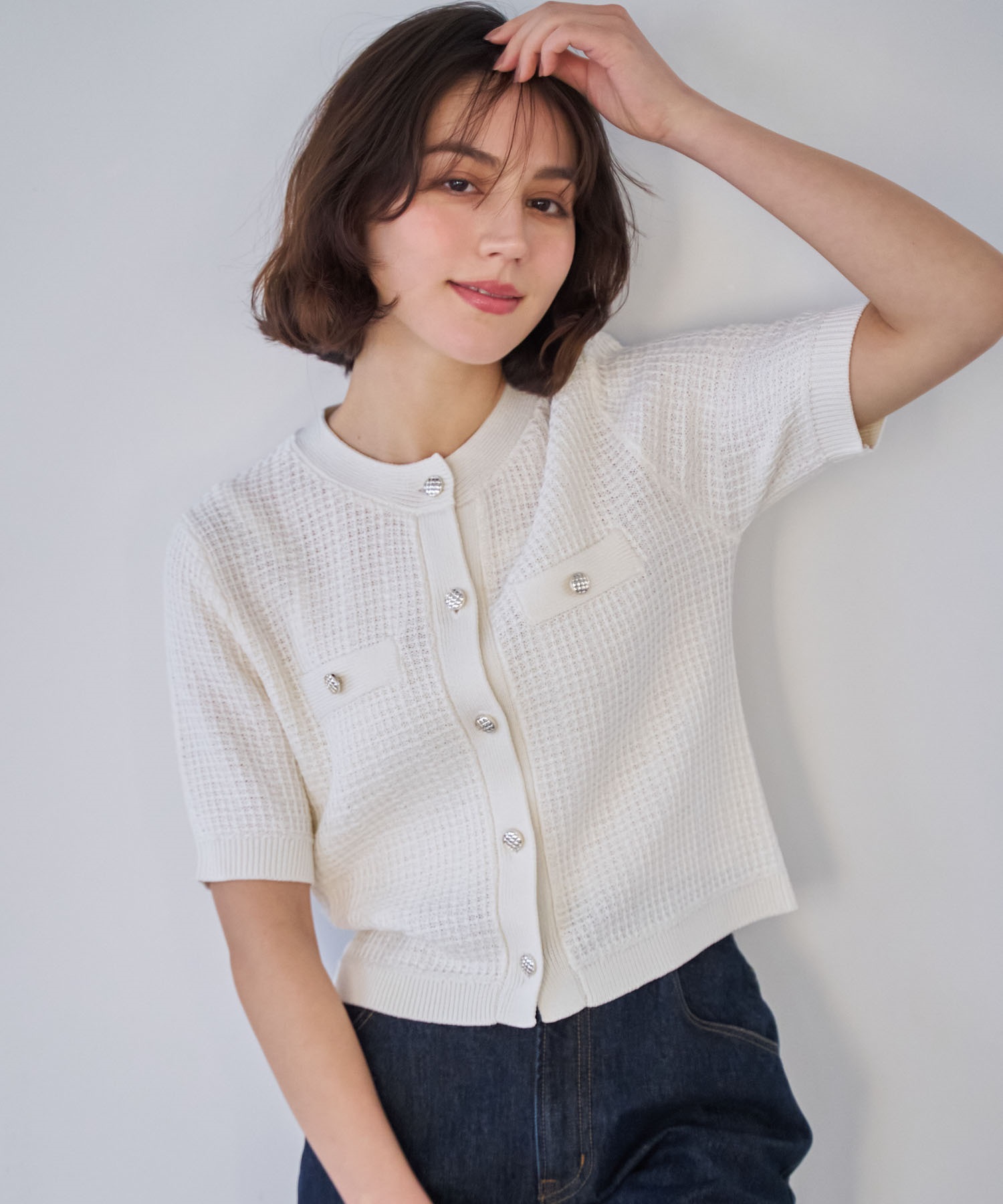 【予約】柄編みカーデライクニット(01オフホワイト-フリー-3月下旬ごろのお届け)