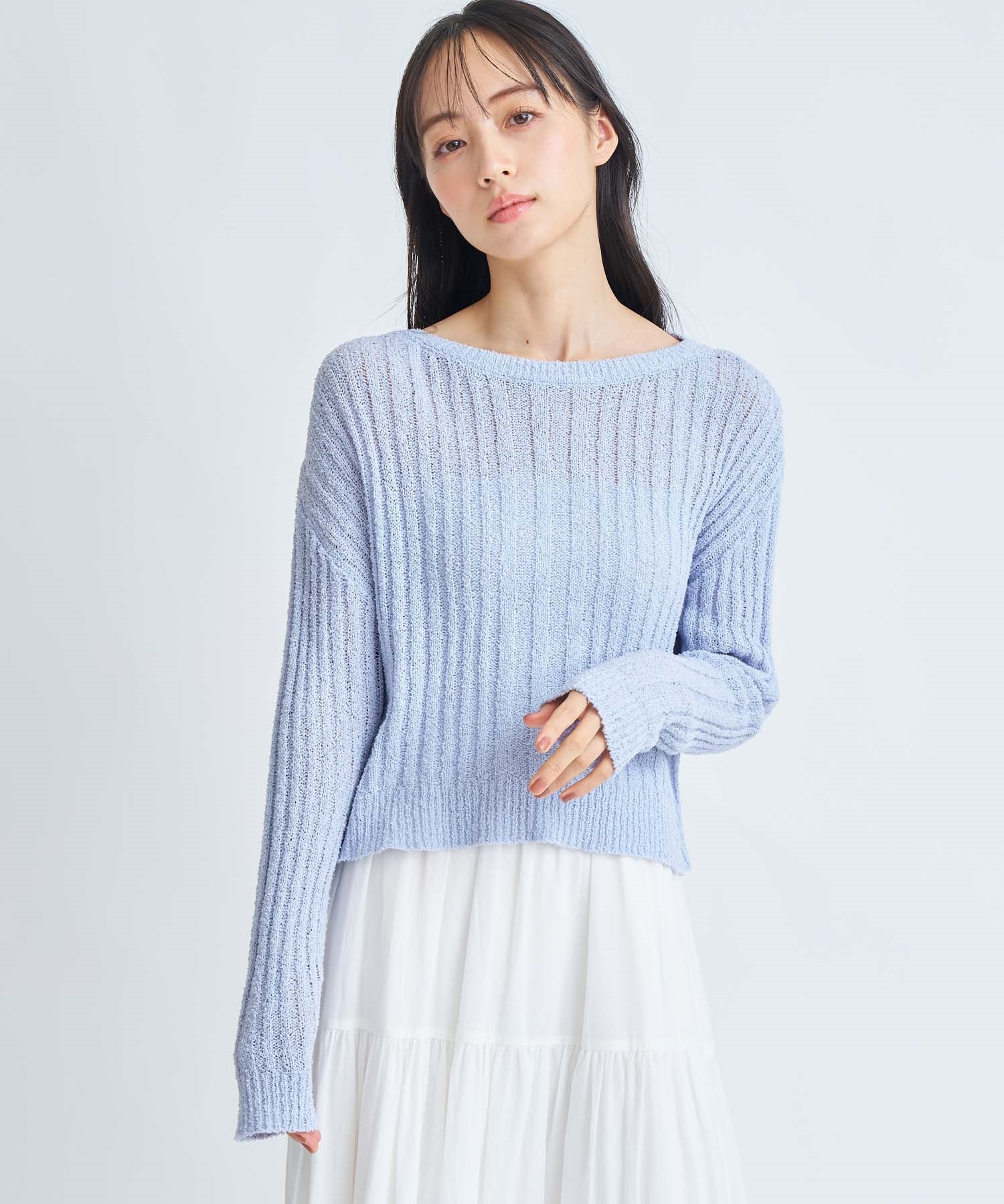 【予約】シアーリブ編みニット(72サックス-フリー-3月下旬ごろのお届け)