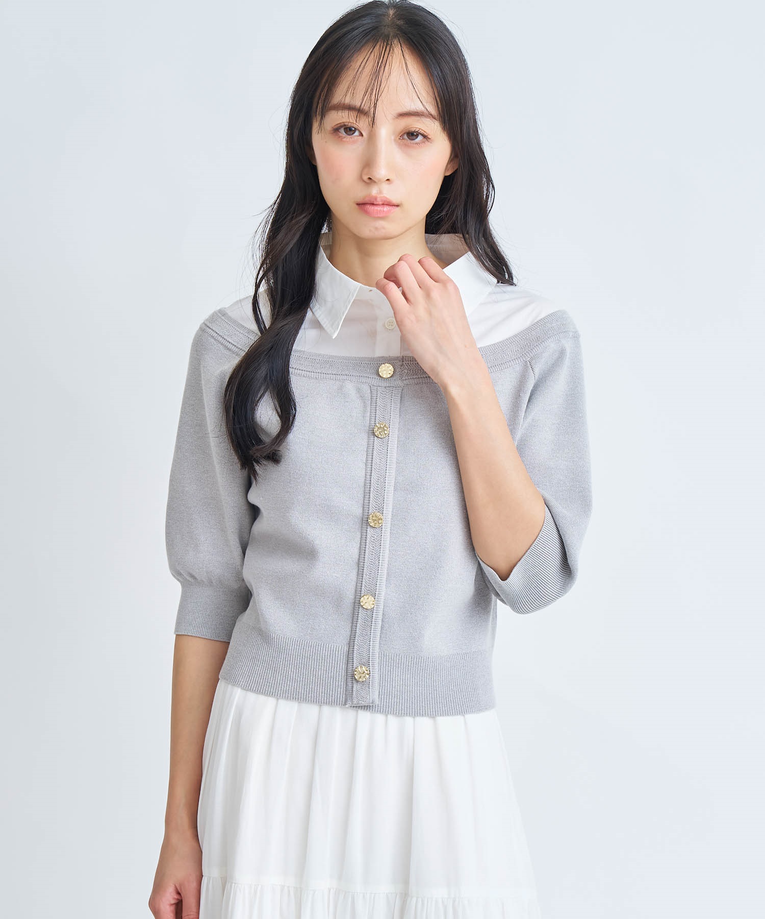 【予約】シャツレイヤードライクニット(11グレー-フリー-3月下旬ごろのお届け)