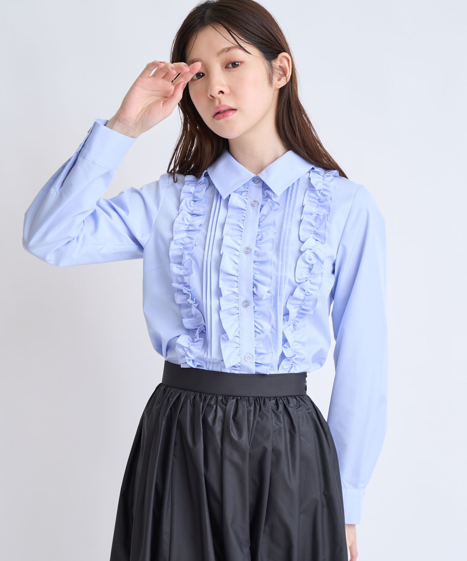 【予約】バーチカルフリルブラウス(71ブルー-フリー-2月下旬ごろのお届け)