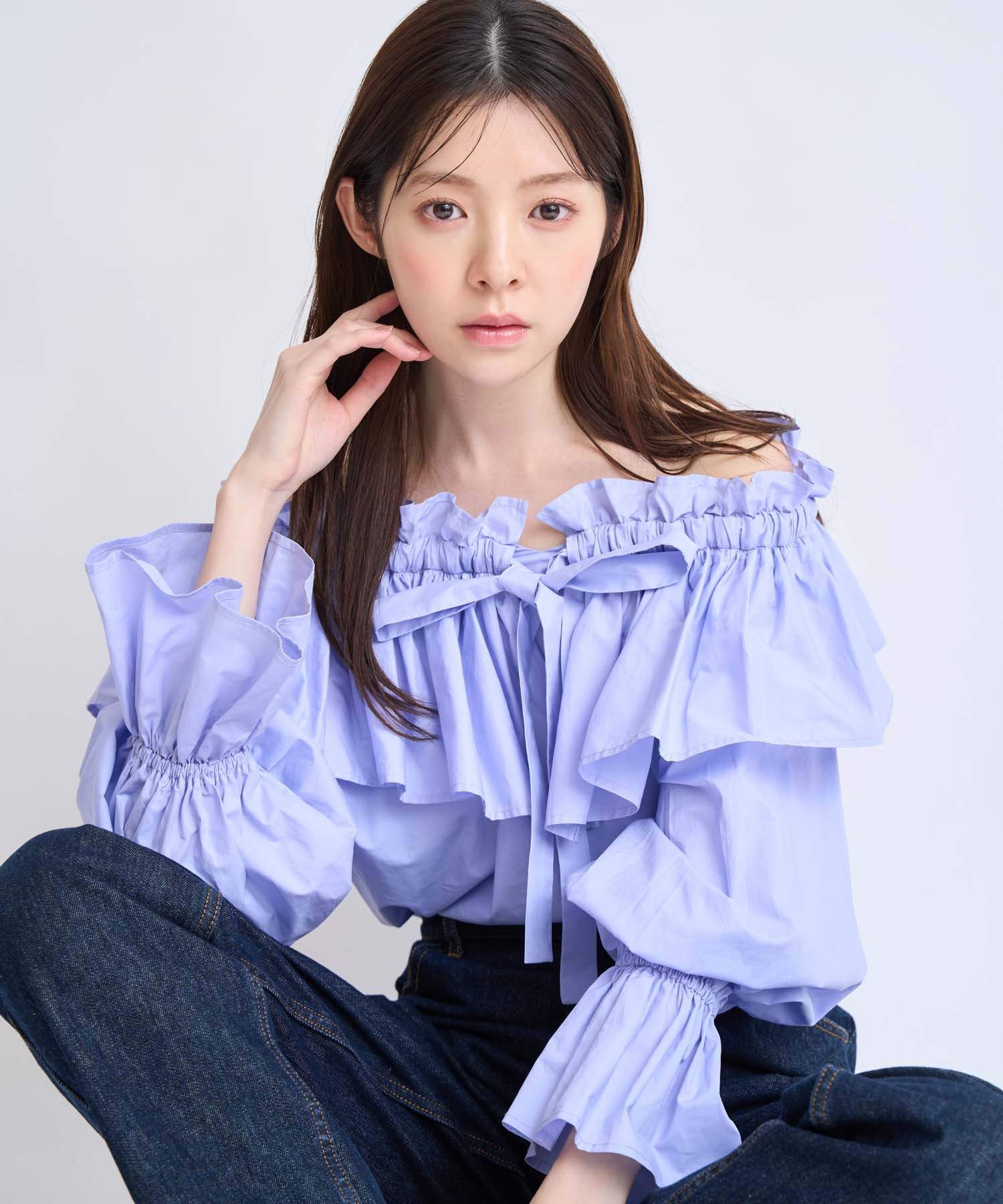 【予約】フレアカラータイブラウス(72サックス-フリー-2月下旬ごろのお届け)