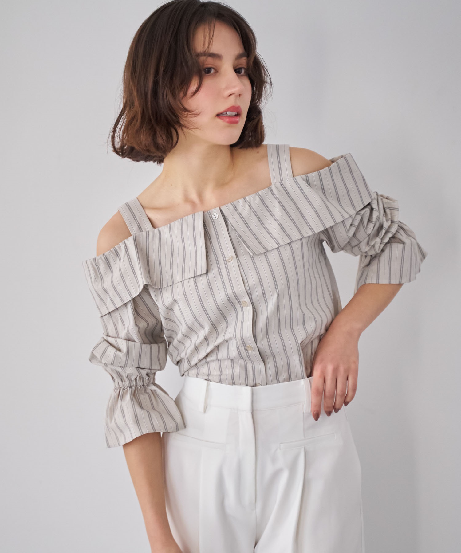 【予約】ストライプブラウス(82ベージュ-フリー-3月下旬ごろのお届け)