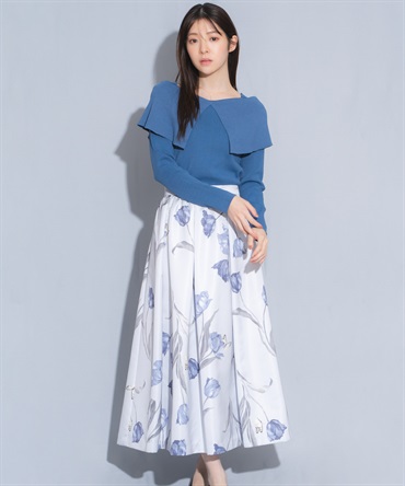 【予約】チューリッププリントフレアスカート(71ブルー-Ｍ-1月中旬ごろのお届け)