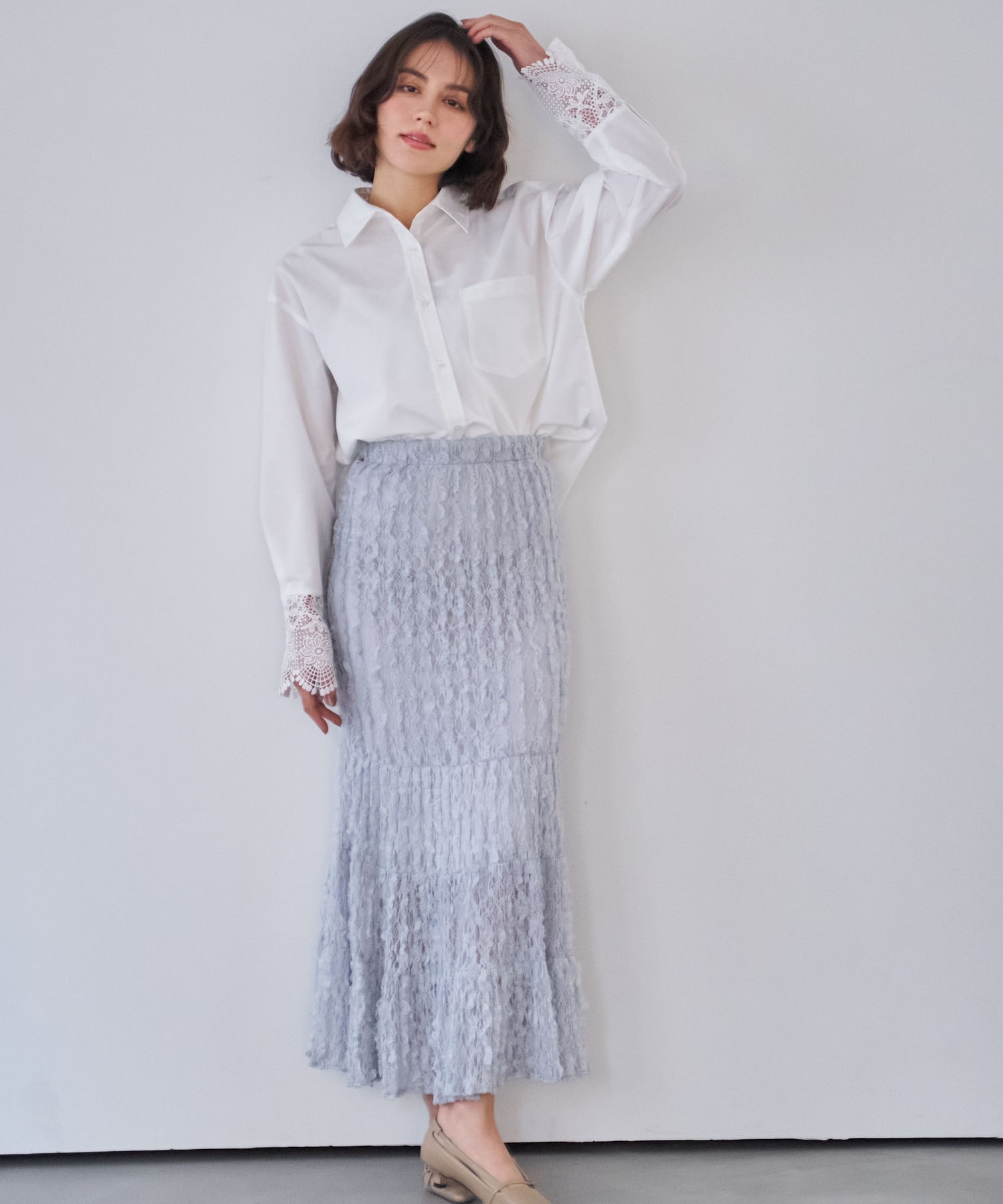 【予約】カットレースナロースカート(72サックス-フリー-3月下旬ごろのお届け)