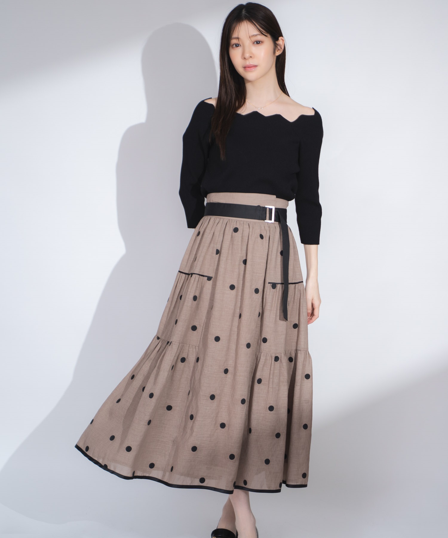 【予約】ドット刺繍ティアードスカート(85モカ-Ｓ-2月下旬ごろのお届け)