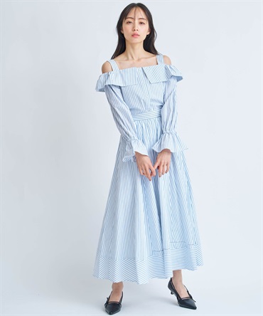 【予約】ストライプフレアスカート(01オフホワイト-Ｍ-3月下旬ごろのお届け)