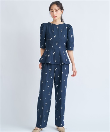 【予約】【Premium】フラワー刺繍パンツ(70ネイビー-Ｍ-3月下旬ごろのお届け)