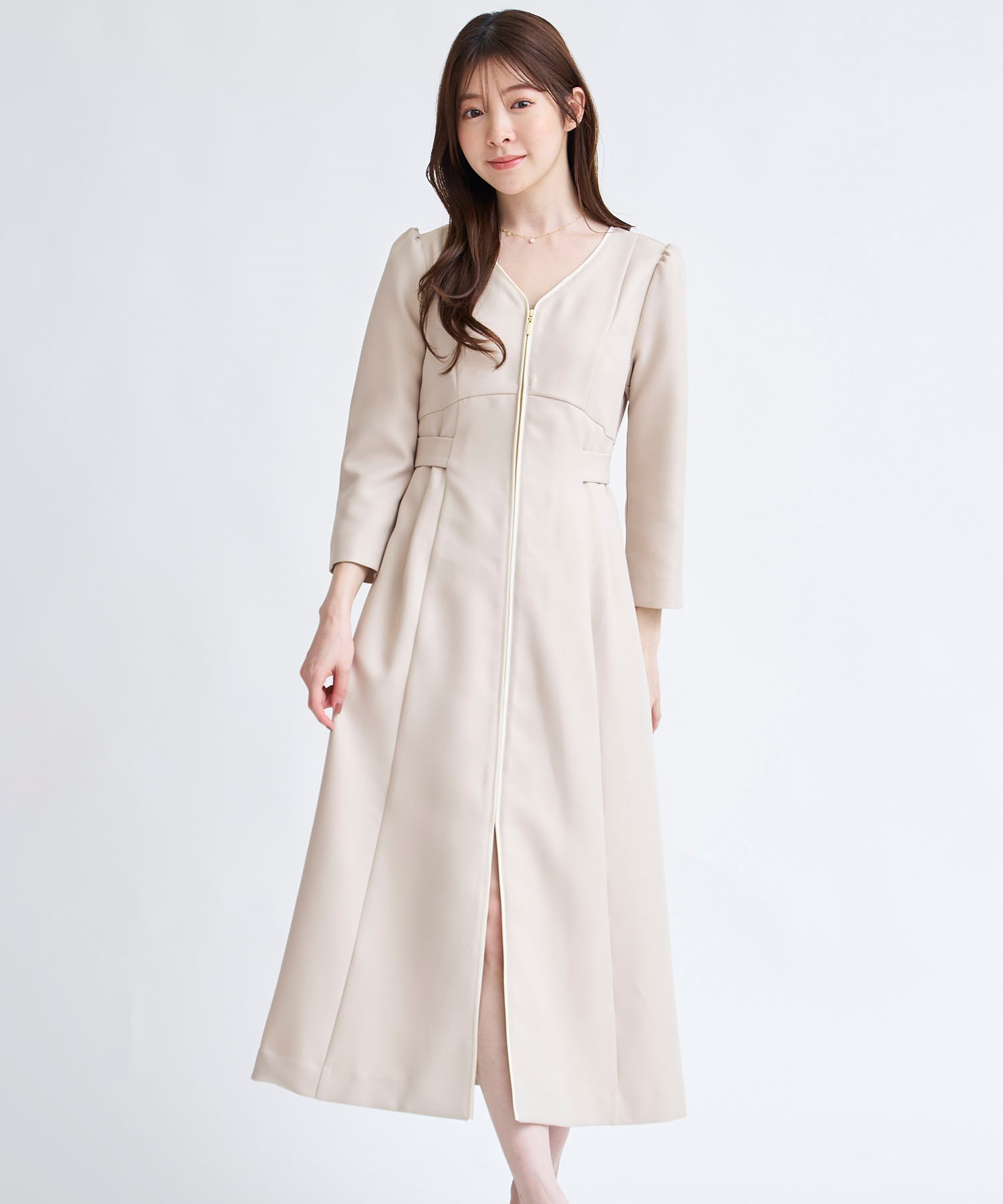フロントファスナーパイピングワンピース