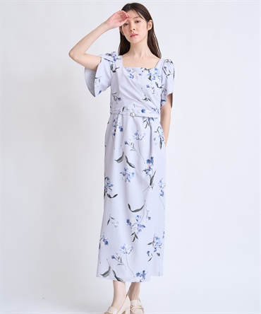 【予約】ペイントフラワーワンピース(71ブルー-Ｍ-2月下旬ごろのお届け)