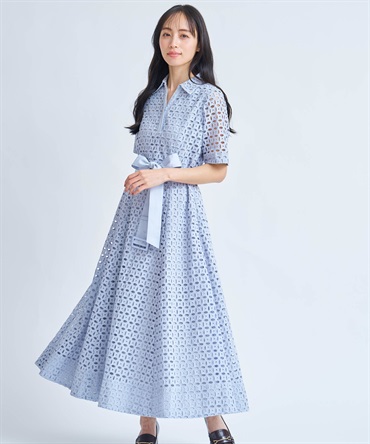 【予約】【SSサイズあり】コットンレースシャツワンピース(72サックス-Ｓ-3月下旬ごろのお届け)