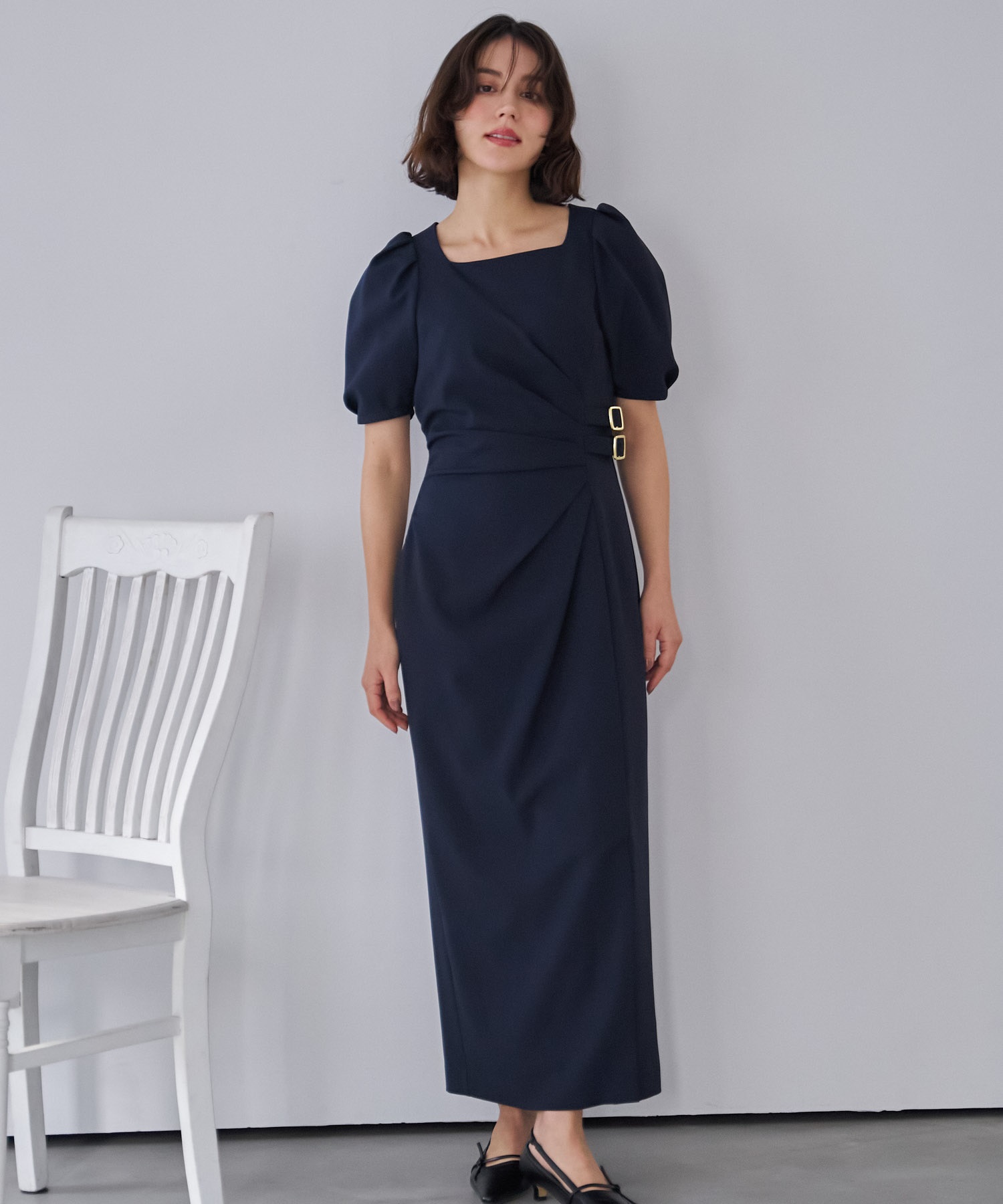 【予約】ダブルバックルドレープワンピース(70ネイビー-Ｓ-3月下旬ごろのお届け)