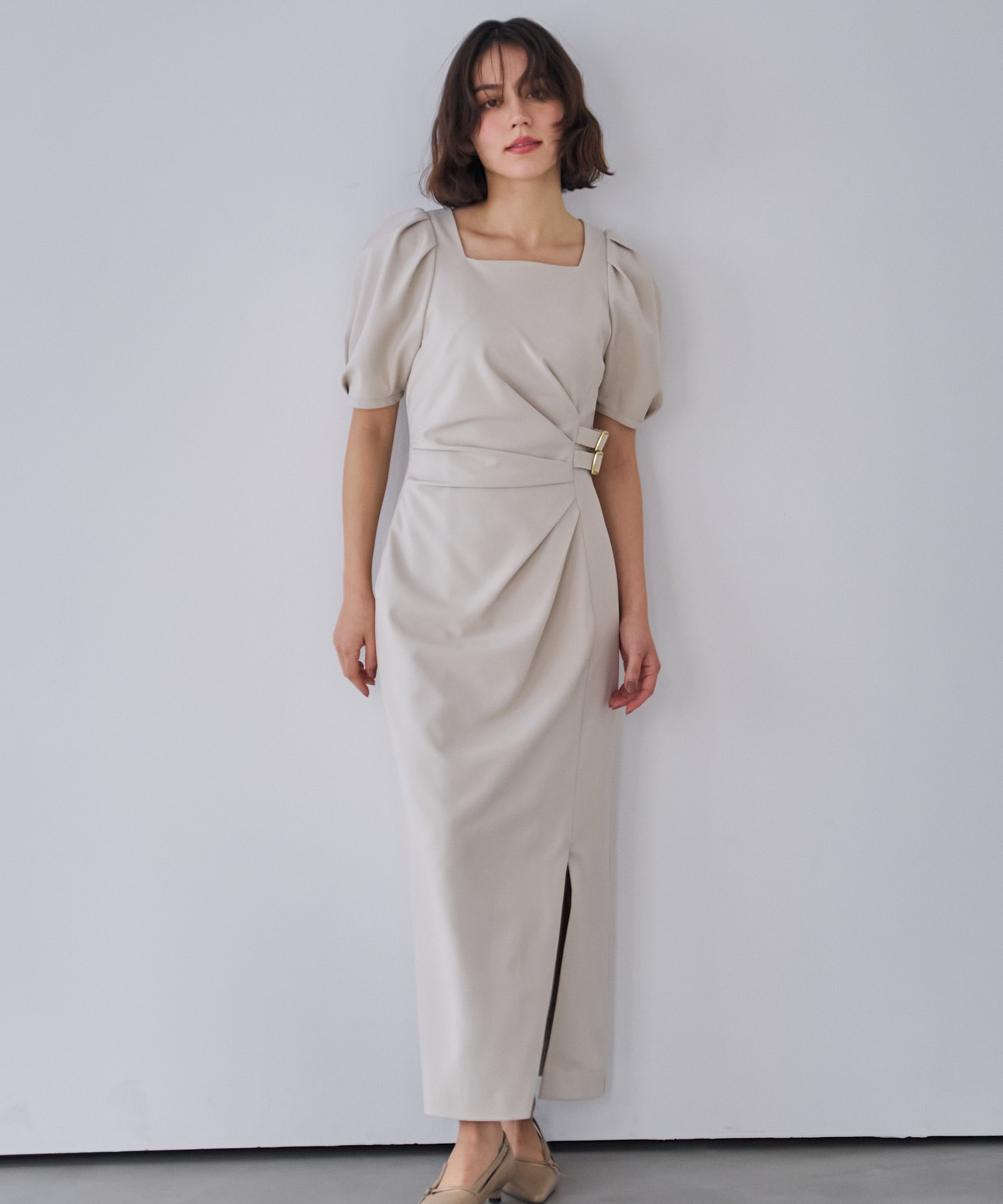 【予約】ダブルバックルドレープワンピース(82ベージュ-Ｓ-3月下旬ごろのお届け)