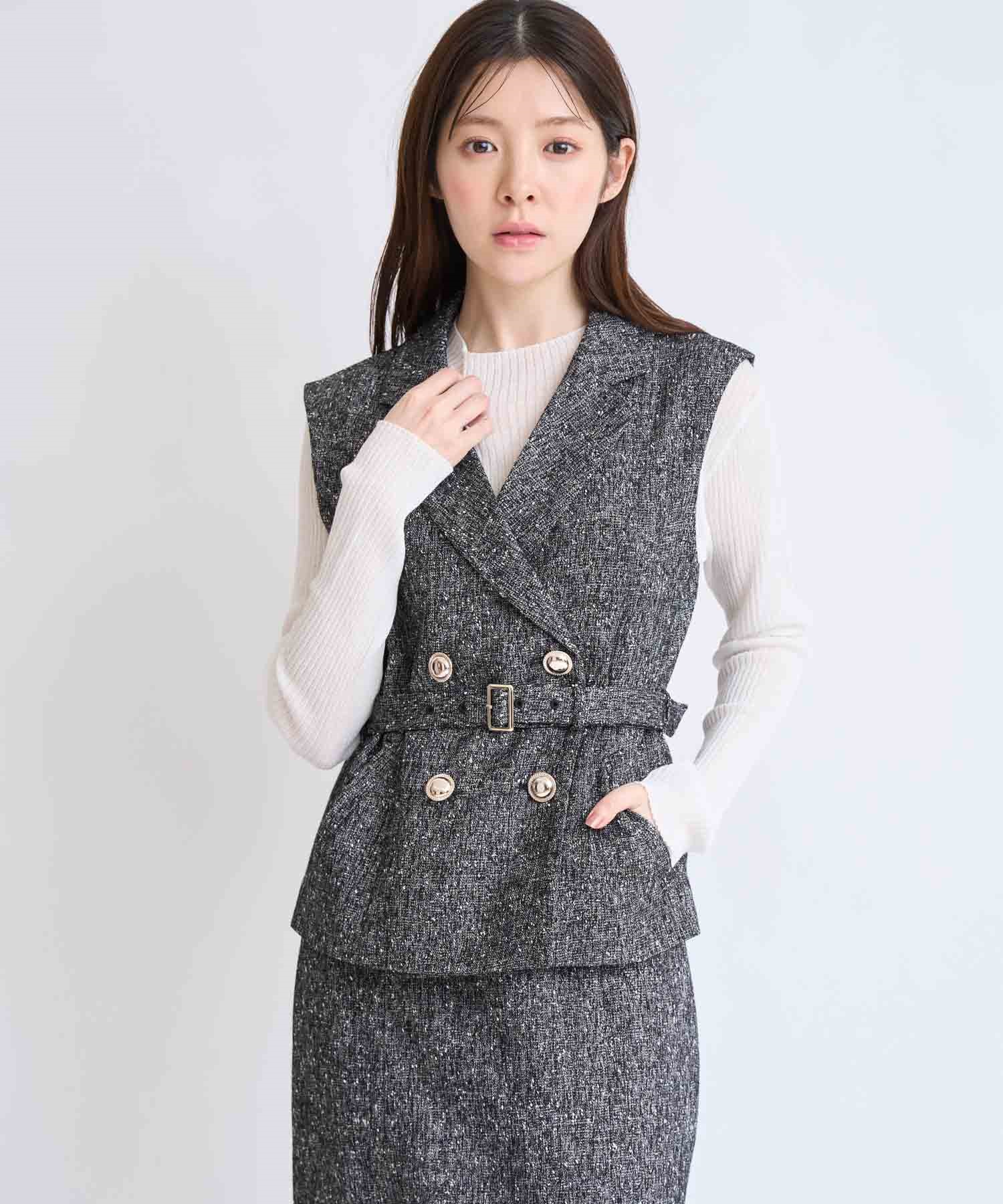 【予約】ベルト付きツイードジレ(00ブラック-フリー-2月下旬ごろのお届け)
