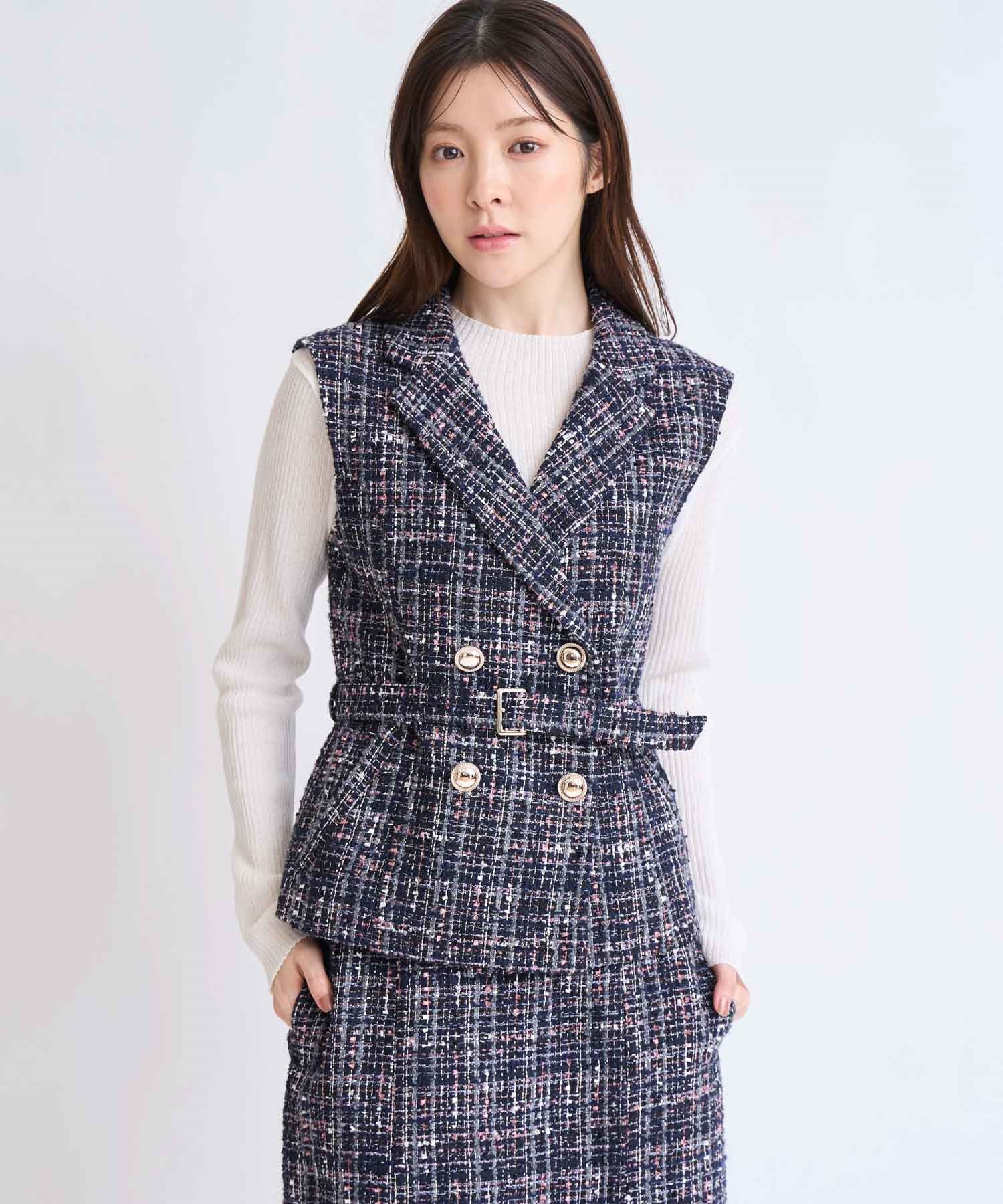 【予約】ベルト付きツイードジレ(70ネイビー-フリー-2月下旬ごろのお届け)