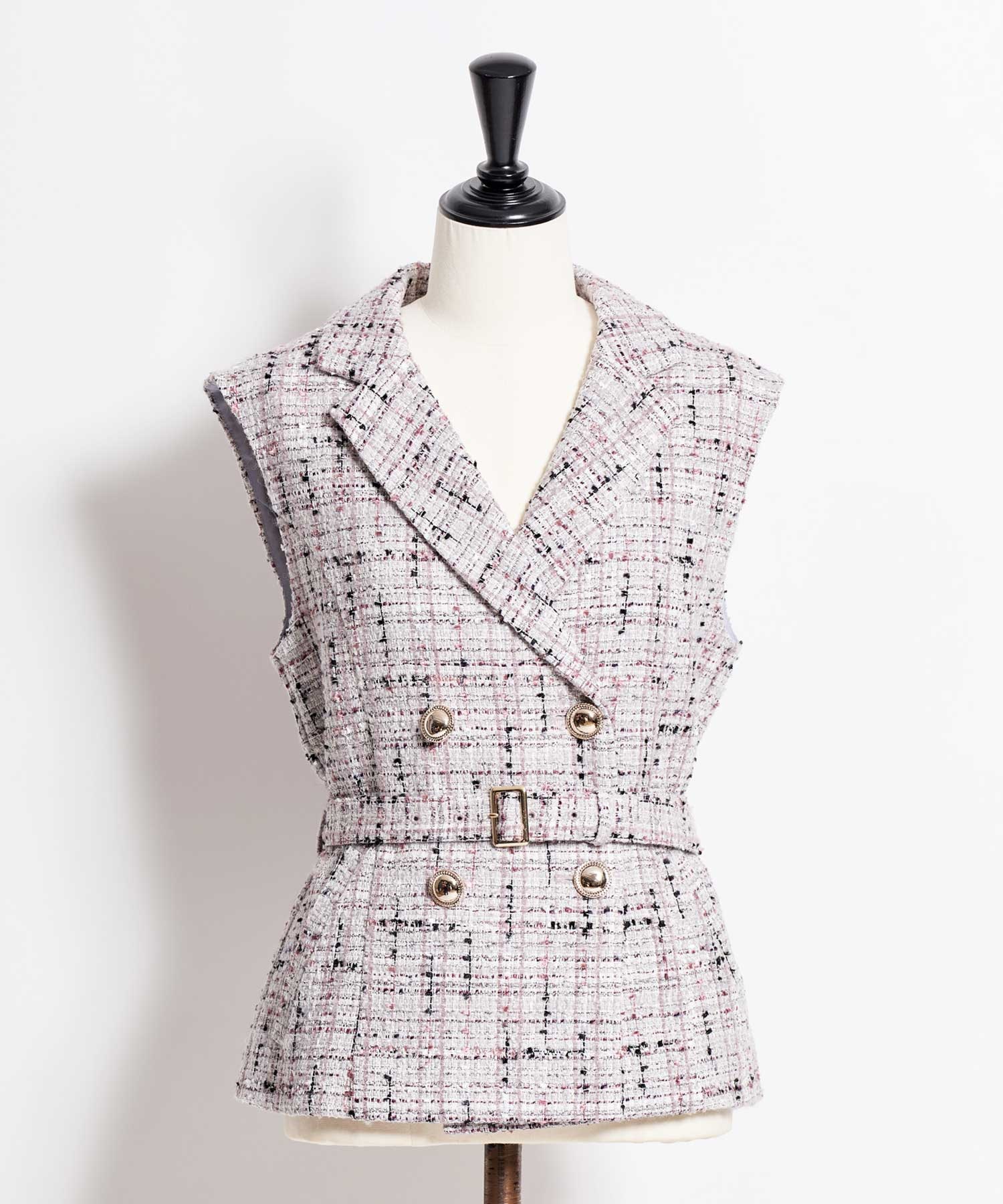 【予約】ベルト付きツイードジレ(82ベージュ-フリー-2月下旬ごろのお届け)