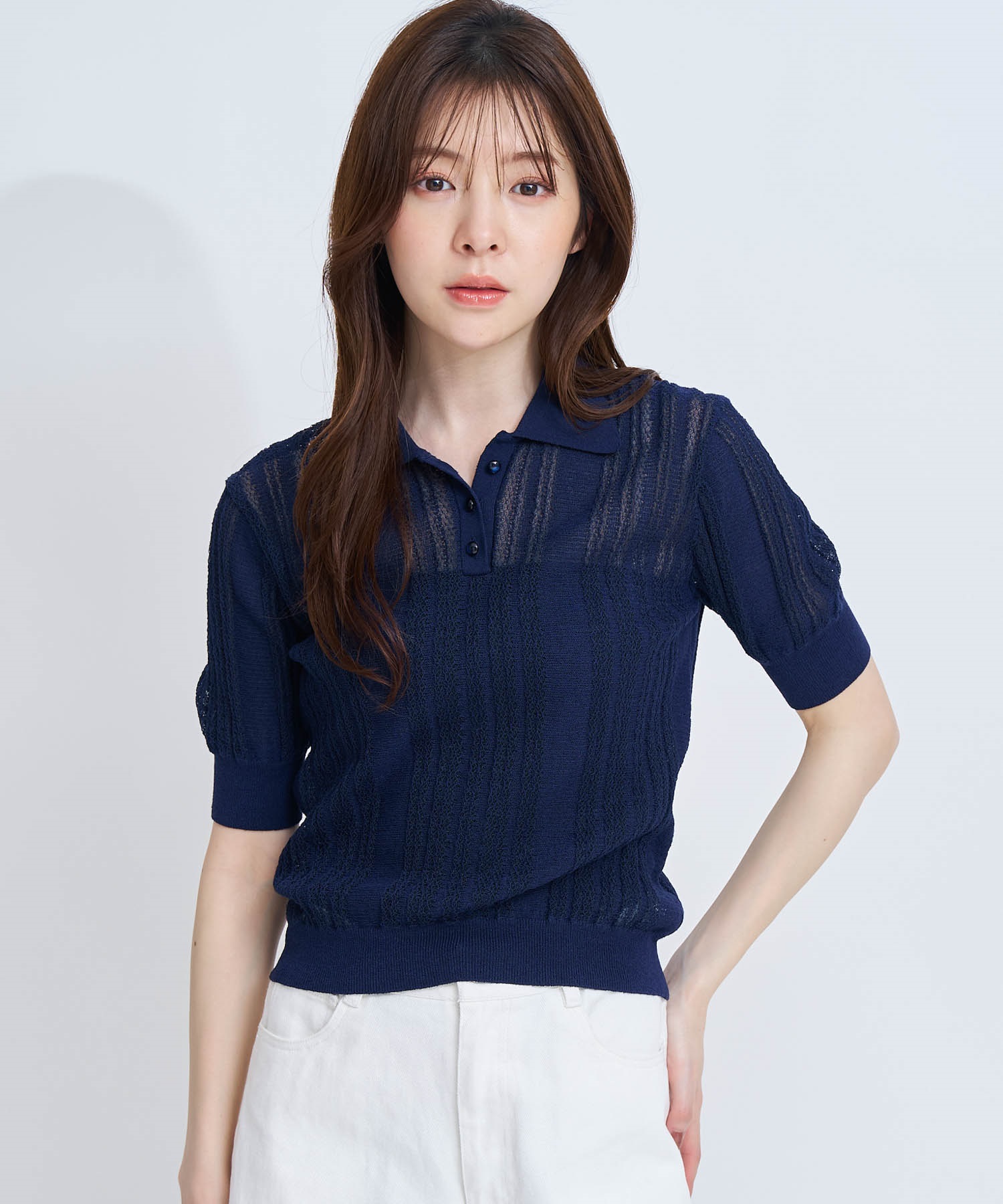 【予約】シアーリブポロニット(70ネイビー-フリー-4月下旬ごろのお届け)