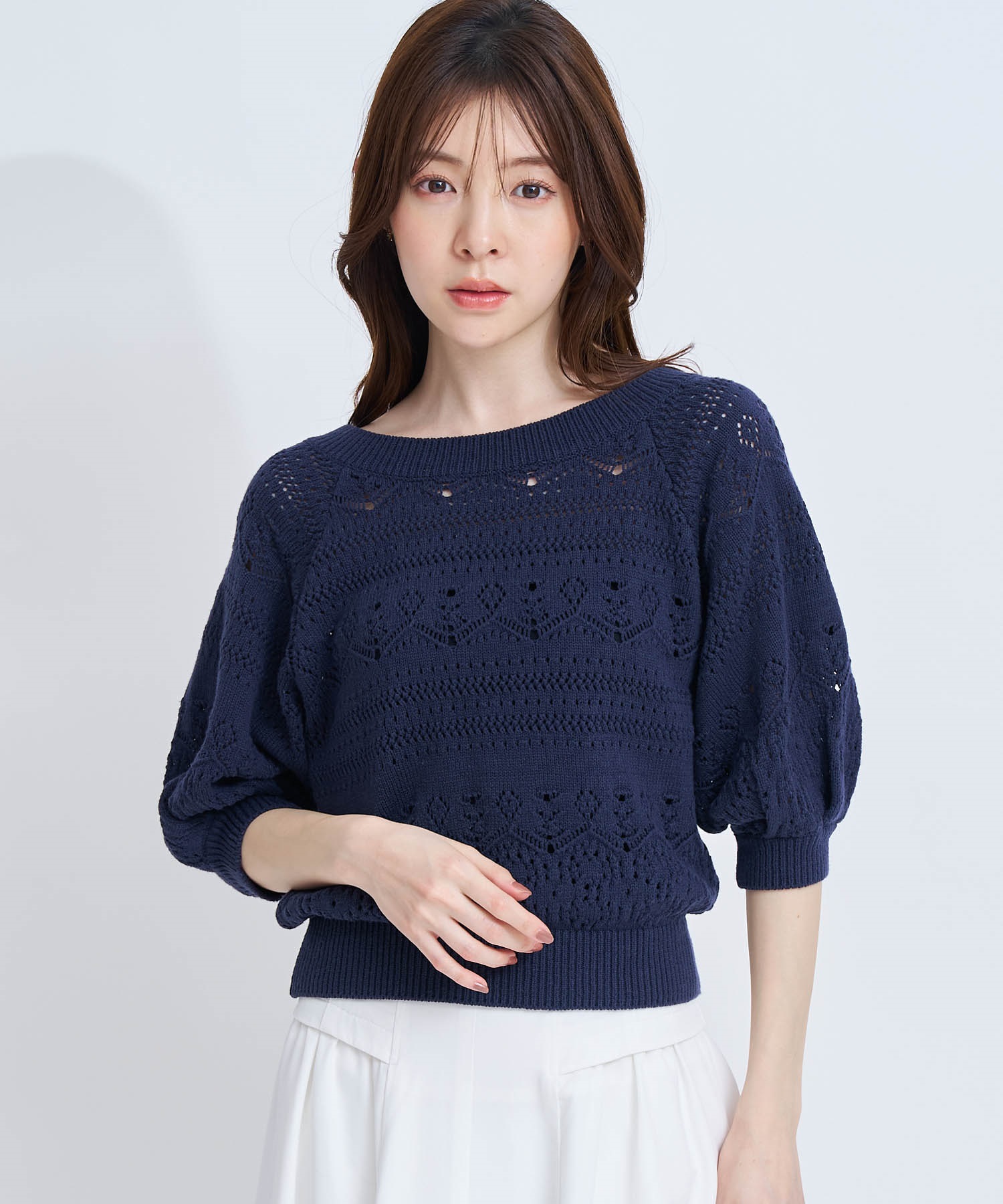 【予約】柄編みニットプルオーバー(70ネイビー-フリー-4月下旬ごろのお届け)