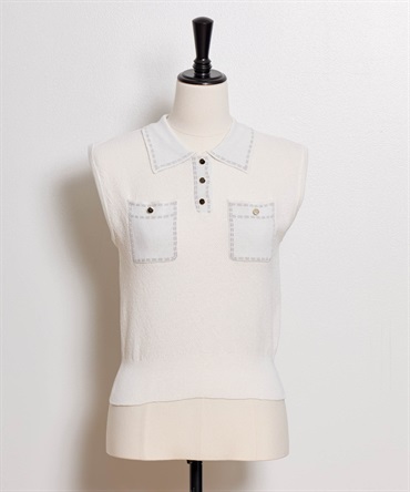 【予約】鹿の子編みステッチノースリポロニット(01オフホワイト-フリー-5月下旬ごろのお届け)