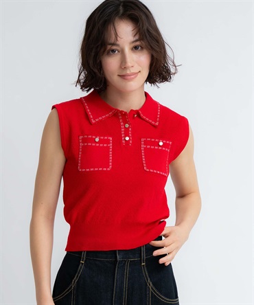 【予約】鹿の子編みステッチノースリポロニット(30レッド-フリー-5月下旬ごろのお届け)