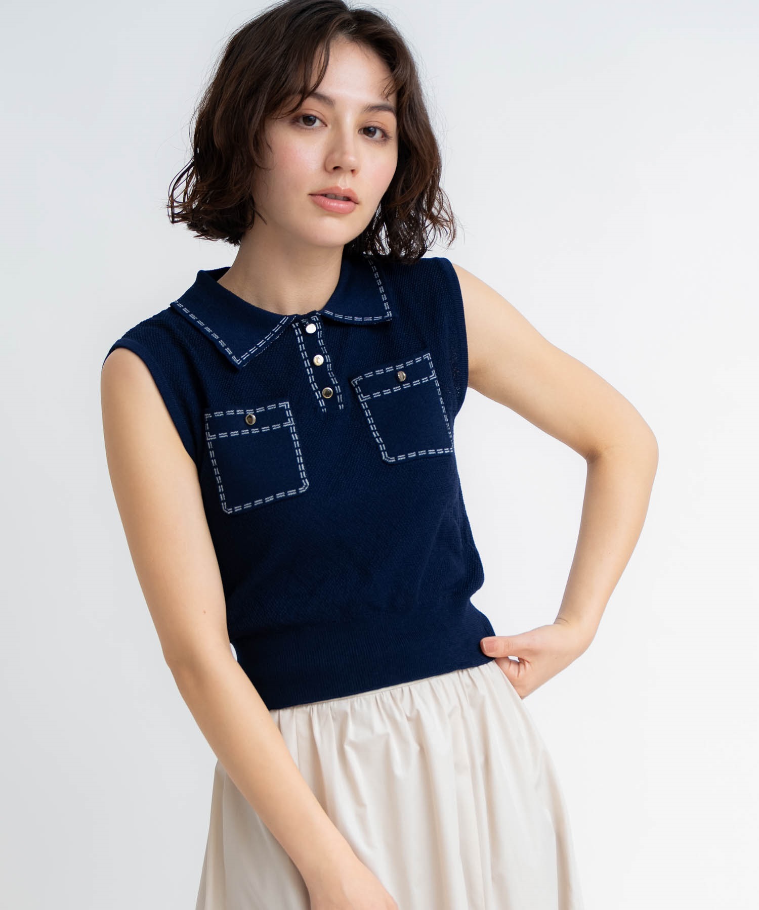 【予約】鹿の子編みステッチノースリポロニット(70ネイビー-フリー-5月下旬ごろのお届け)